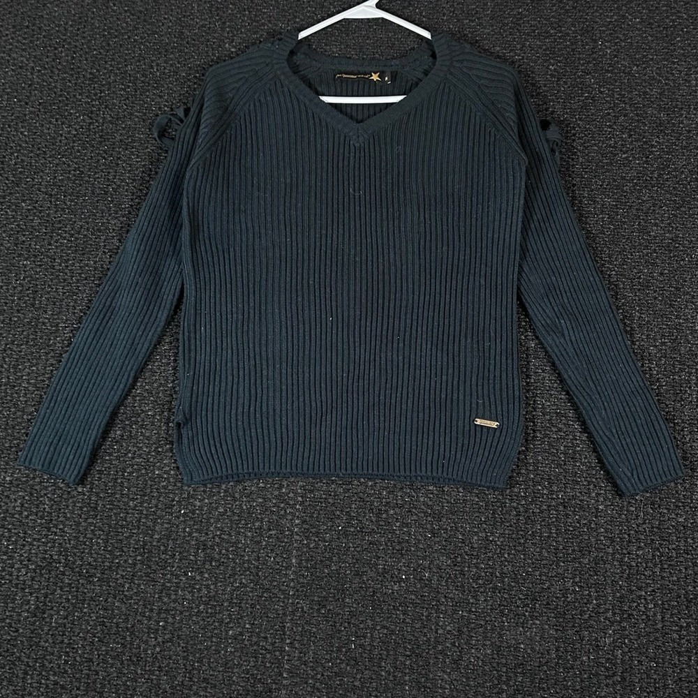 The Roadster Life Co Womens Black Ribbed V-Neck Sweater Lace Up Shoulders Size M